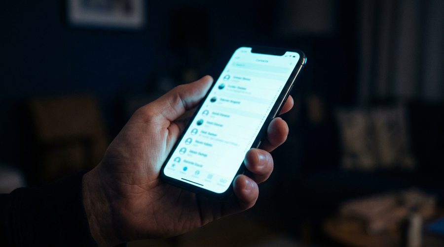 Tangan memegang ponsel dengan layar menyala biru di ruangan gelap menampilkan daftar kontak