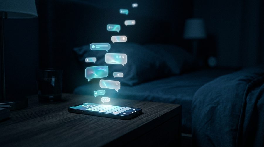 Ponsel di meja malam menerima notifikasi pesan berkilau di kegelapan dengan gelembung chat mengambang